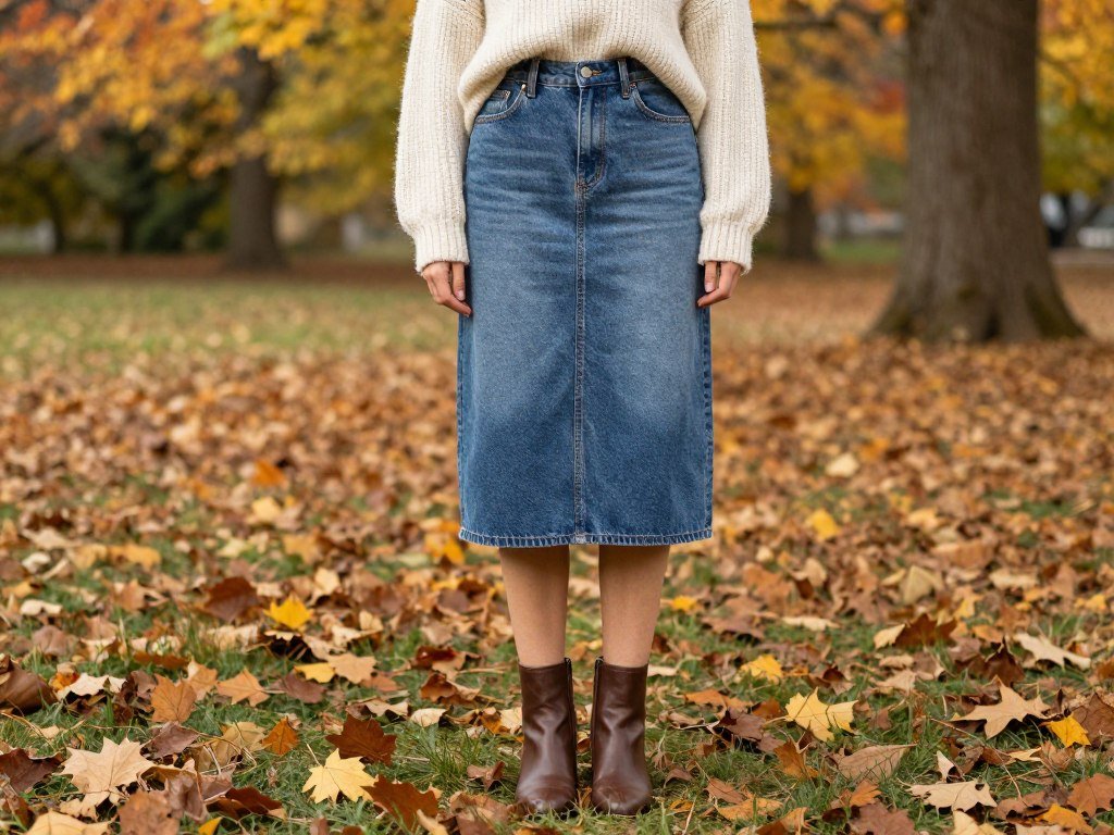Woman wearing denim midi skirt with sweater and ankle boots for fall