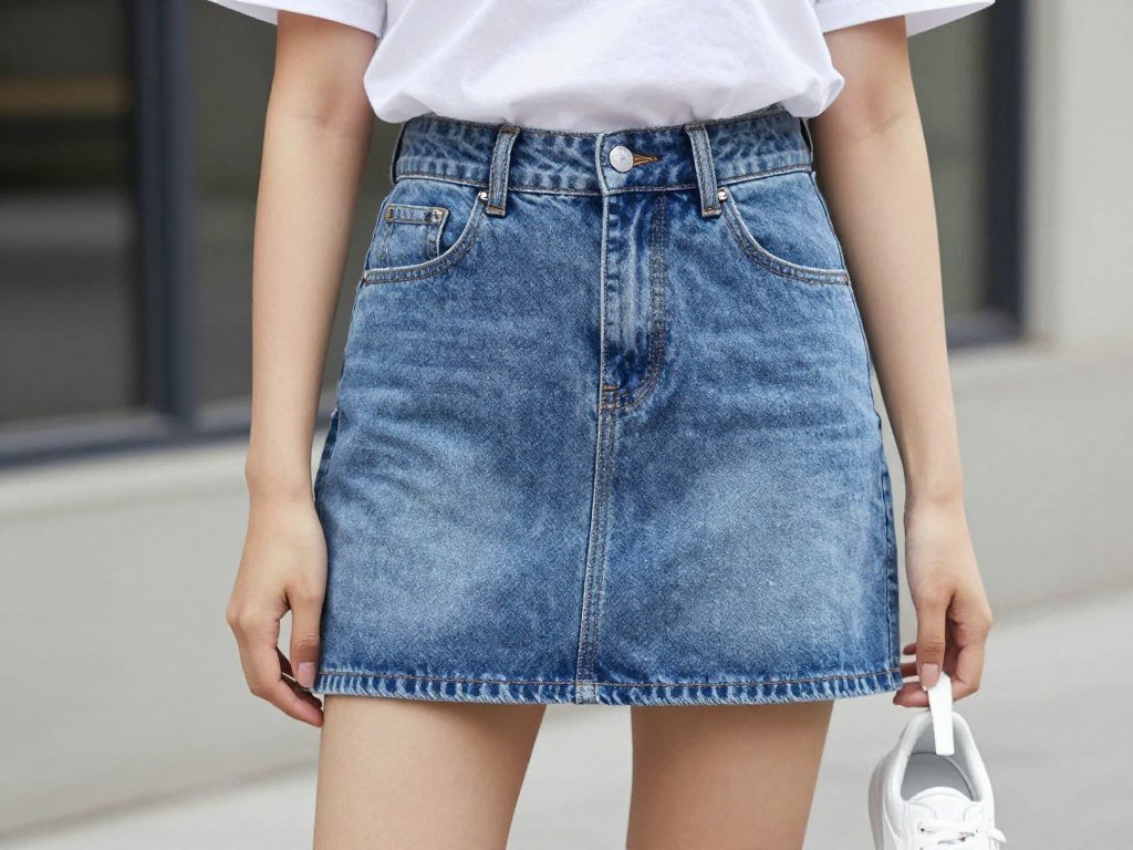 Woman wearing denim mini skirt with a basic white t-shirt and sneakers