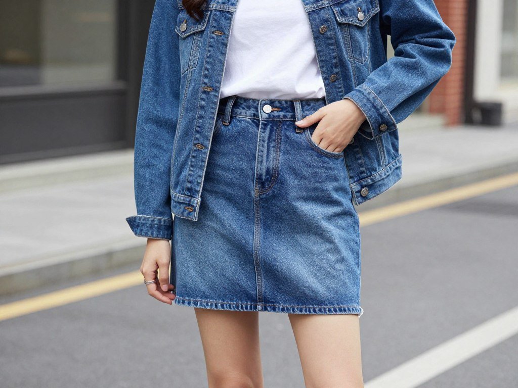 Woman wearing denim mini skirt with denim jacket and white tee for double denim look