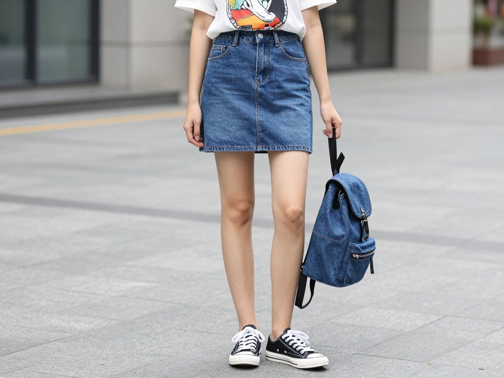 Woman wearing denim mini skirt with graphic tee and canvas shoes for casual style