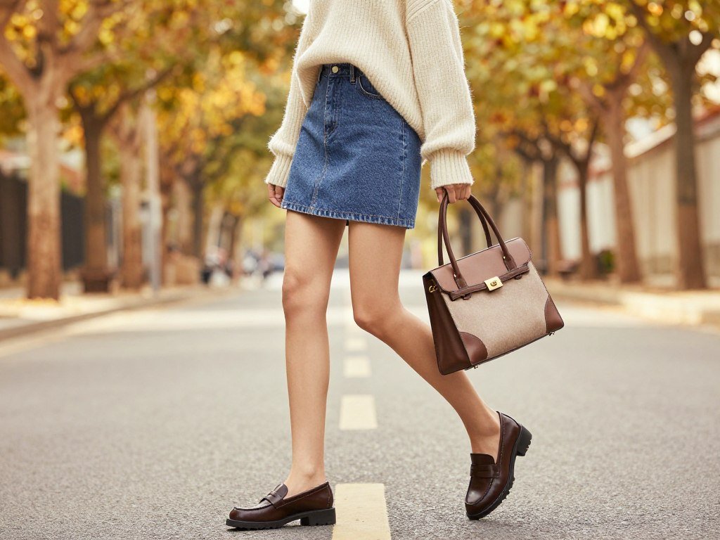 Woman wearing denim mini skirt with oversized sweater and loafers for fall transition look