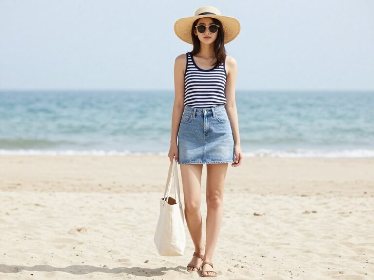Woman wearing denim mini skirt with striped tank top and straw hat for beach day summer outfit
