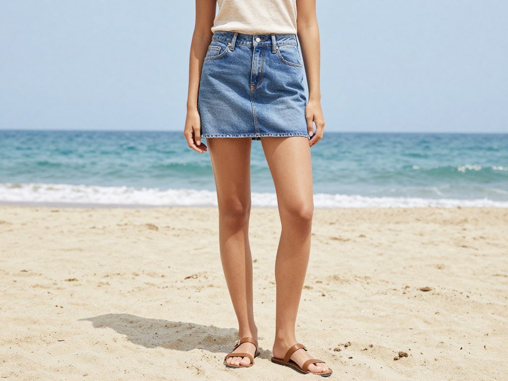 Woman wearing denim mini skirt with tank top and sandals for summer