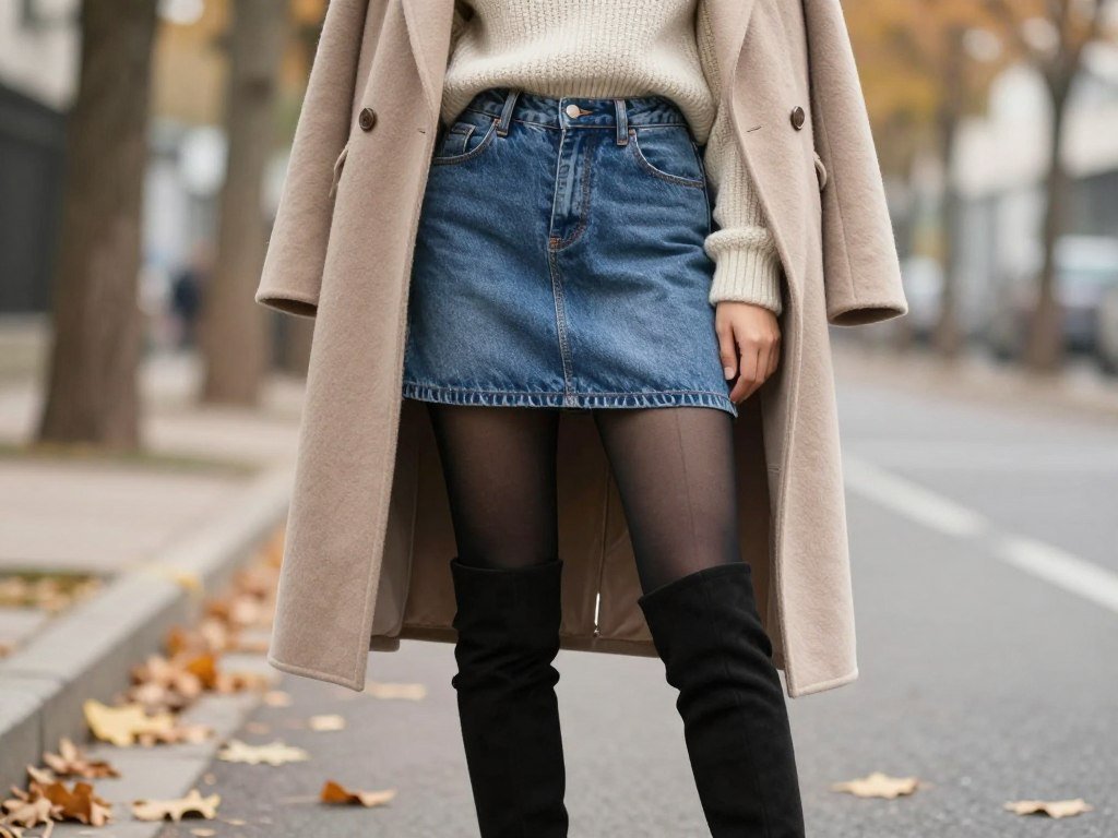 Woman wearing denim mini skirt with tights, boots and sweater for fall/winter look