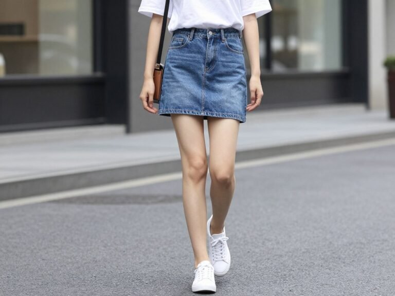 Woman wearing denim mini skirt with white t-shirt and sneakers for casual day look