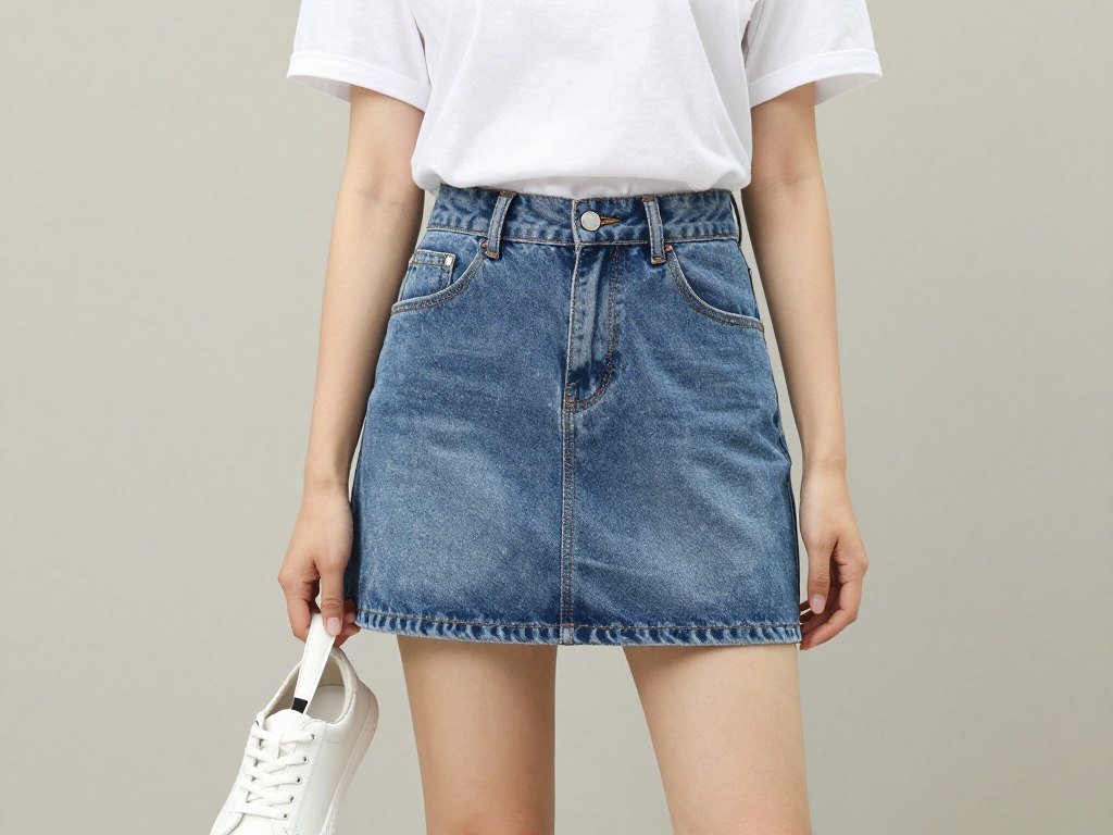 Woman wearing denim mini skirt with white t-shirt and sneakers