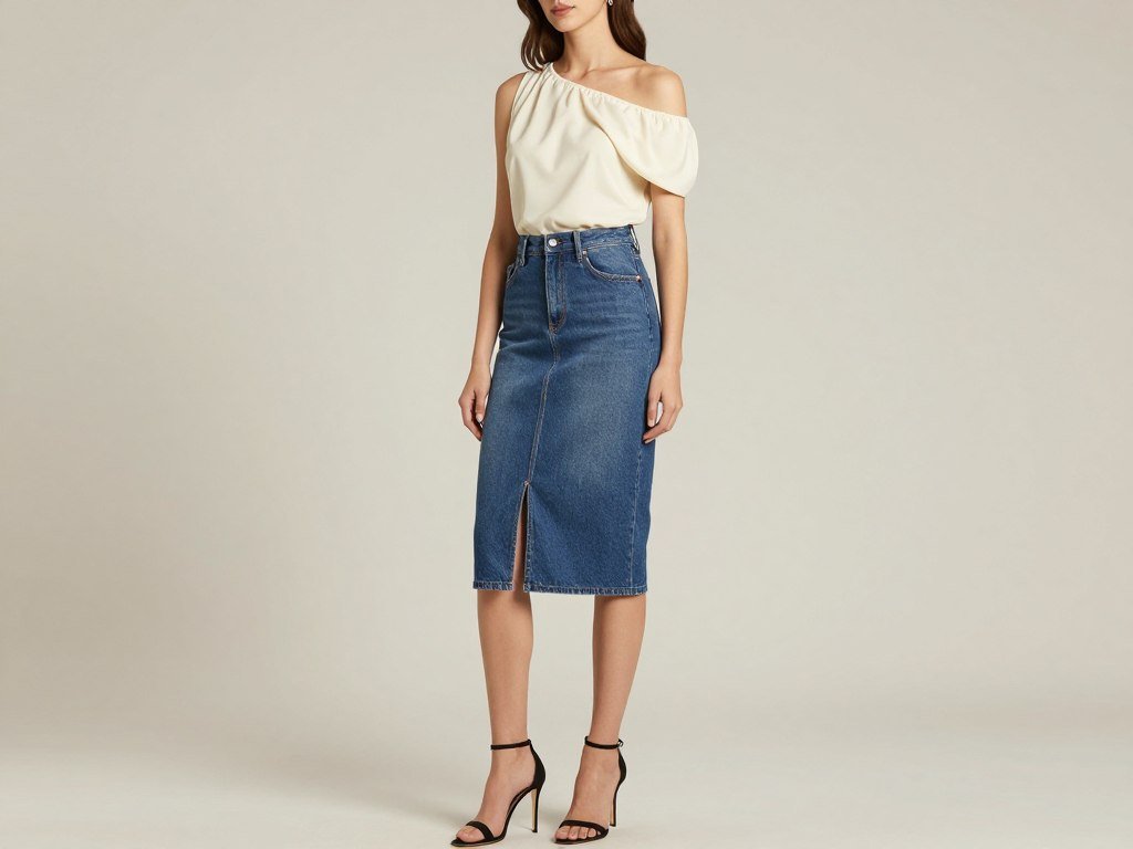 Woman wearing denim pencil skirt with off-shoulder top and heels