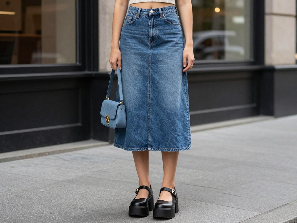 Woman wearing denim skirt with a crop top and platform mary janes