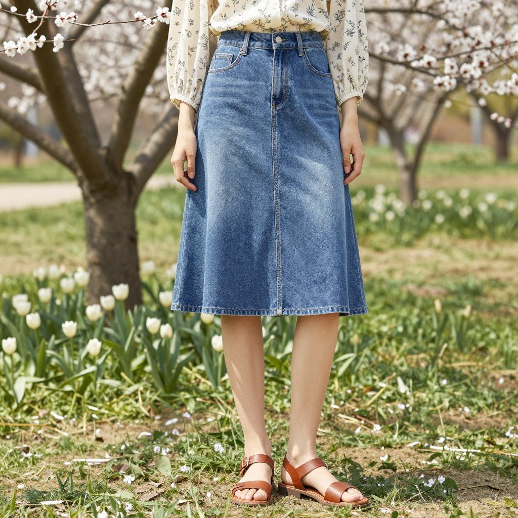 Woman wearing denim skirt with a floral blouse and sandals for spring