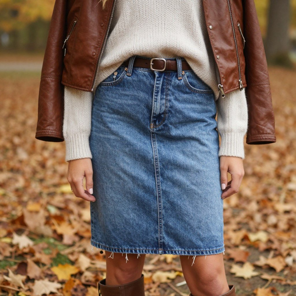 Woman wearing denim skirt with a light sweater and ankle boots for fall
