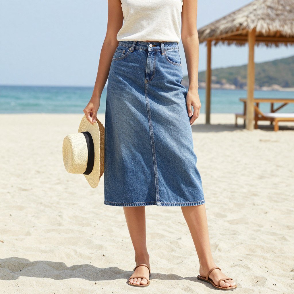 Woman wearing denim skirt with a tank top and straw hat for summer