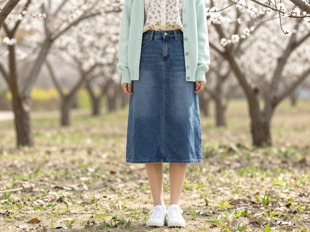 Woman wearing denim skirt with light cardigan and floral top for spring
