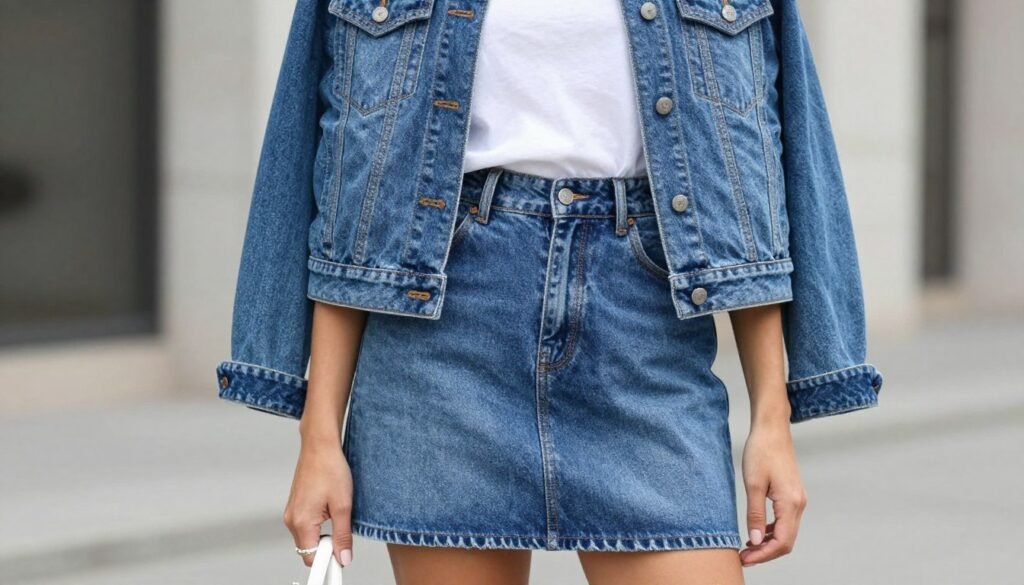 Woman wearing denim skirt with matching denim jacket and white accessories