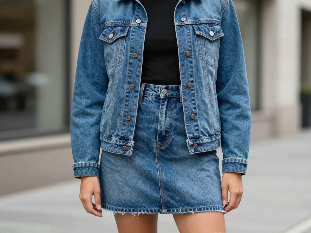 Woman wearing denim skirt with matching denim jacket