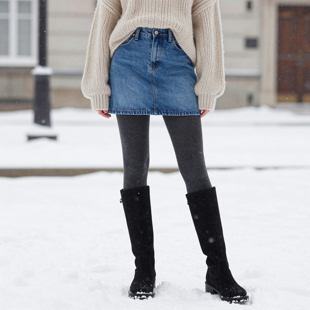 Woman wearing denim skirt with tights, boots and a chunky sweater for winter