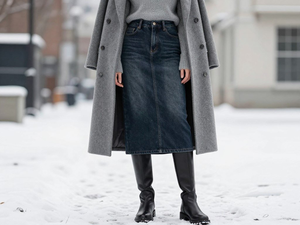 Woman wearing denim skirt with turtleneck, wool coat and knee-high boots for winter