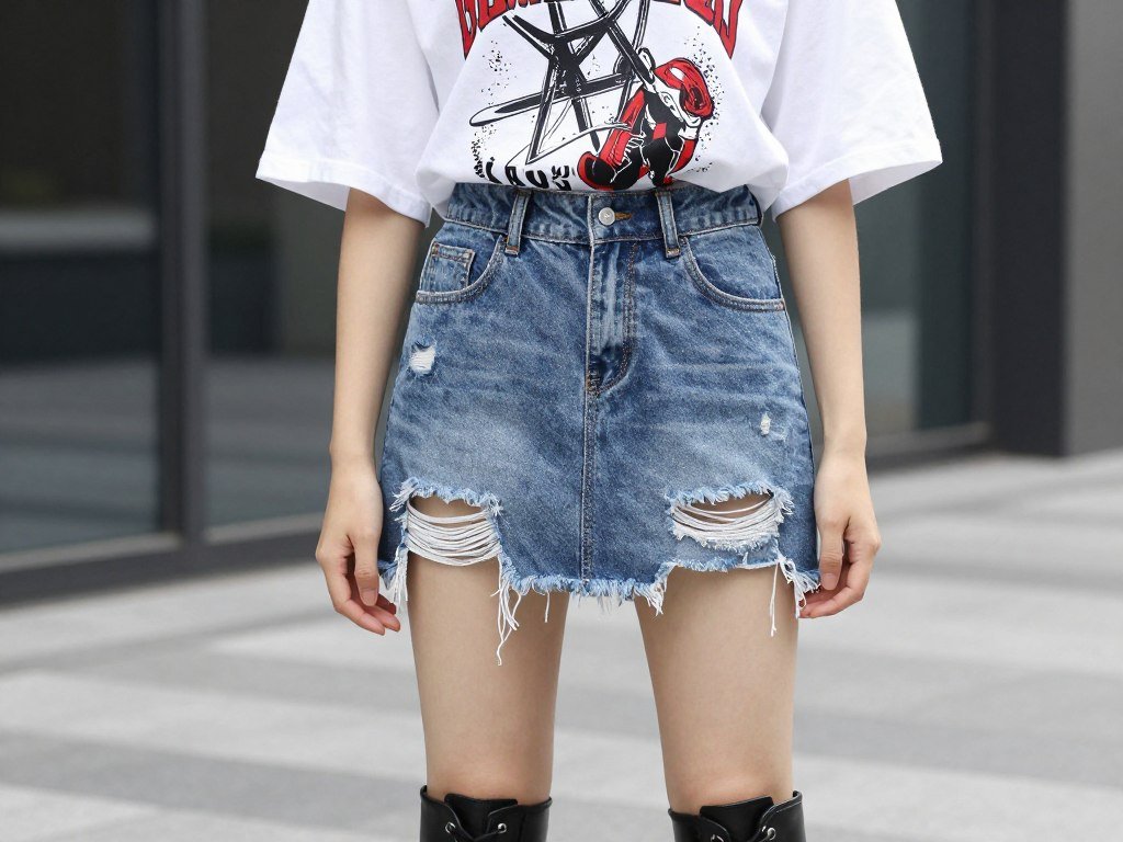 Woman wearing distressed denim skirt with graphic t-shirt and combat boots