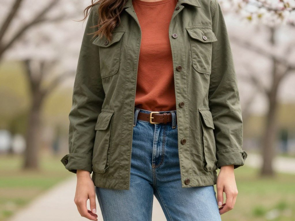 Woman wearing earth tones in an early spring outfit