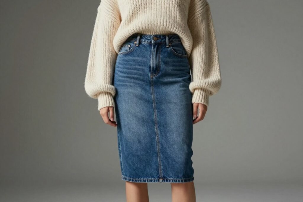 Woman wearing fitted blue jean skirt with oversized sweater demonstrating proportion play