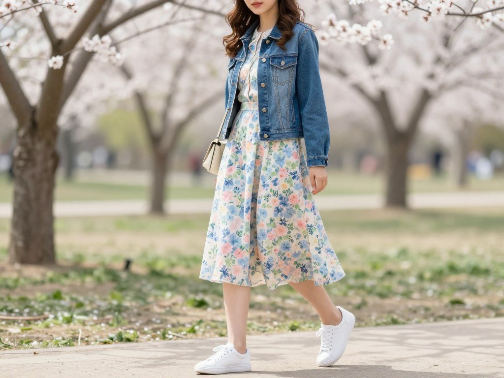 Woman wearing floral midi dress with denim jacket and white sneakers for casual spring outfit