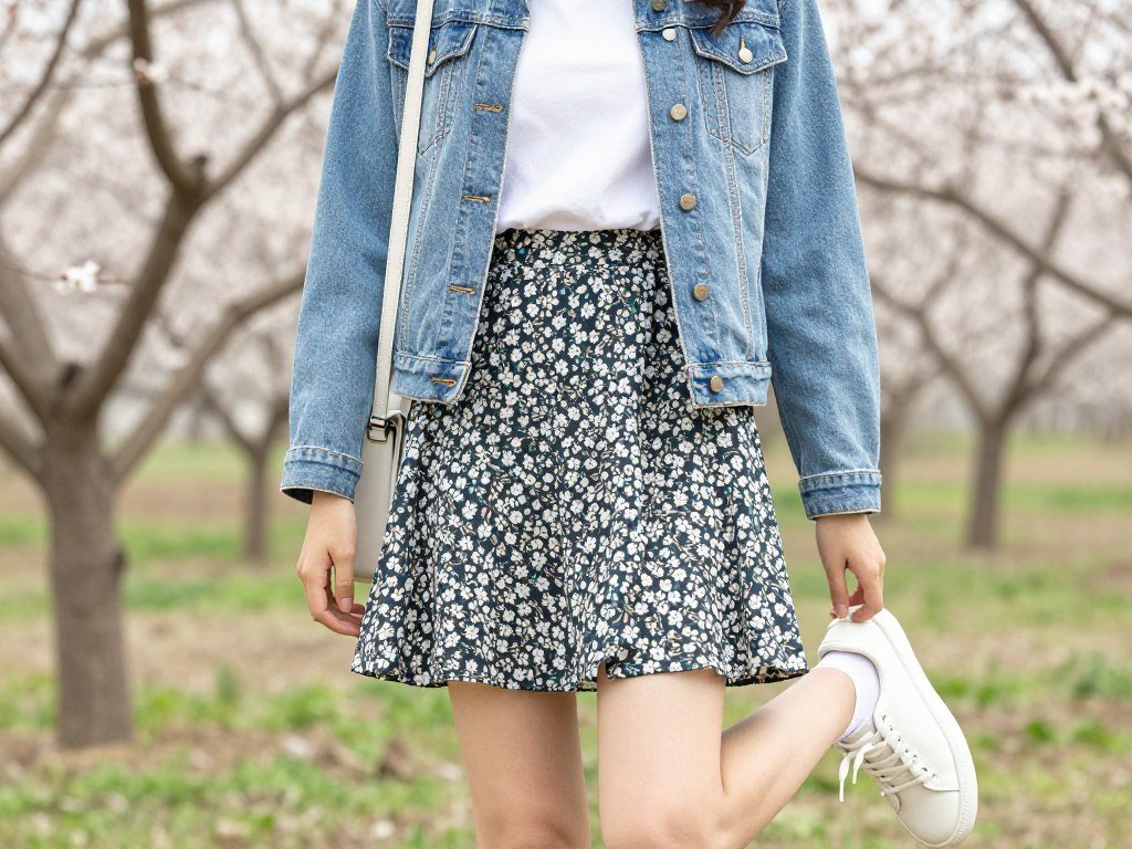 Woman wearing floral mini skirt with denim jacket for a spring mini skirt outfit