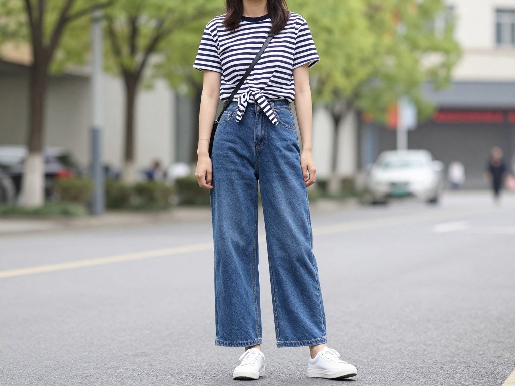Woman wearing high-waisted wide-leg jeans with a striped tee and white sneakers - cute casual spring outfit