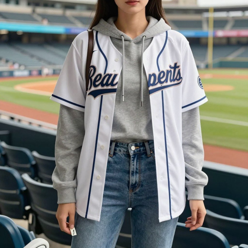 Woman wearing hoodie layered under baseball jersey with jeans