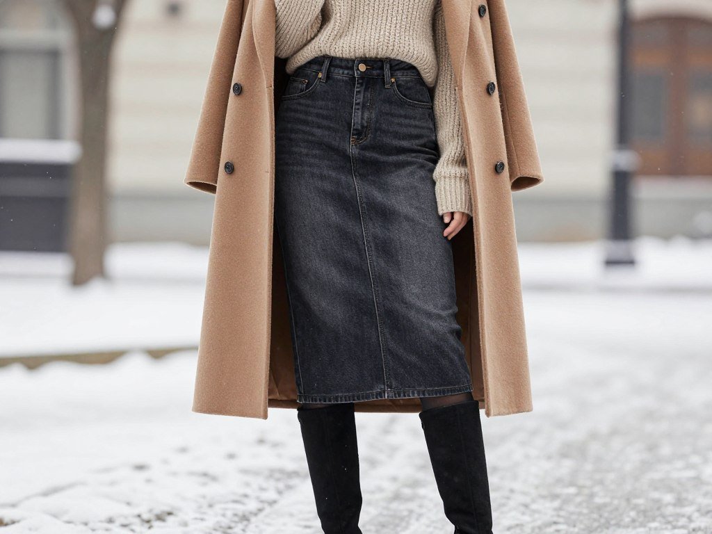 Woman wearing jean skirt with sweater, tights and boots for winter