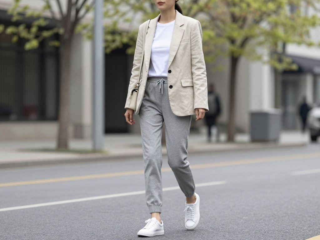 Woman wearing joggers with structured blazer for elevated spring athleisure