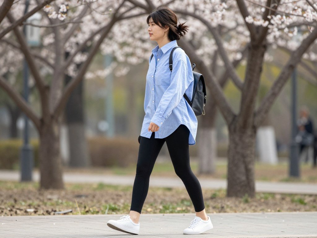 Woman wearing leggings with oversized button-down shirt for spring athleisure