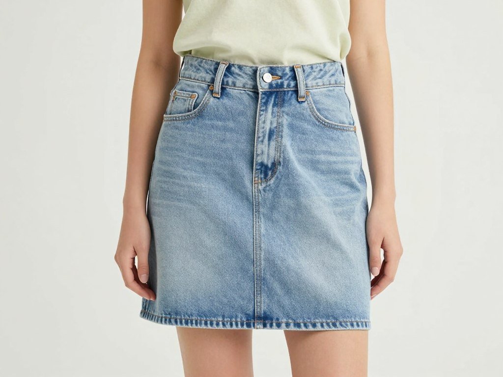 Woman wearing light wash denim skirt with complementary pastel top
