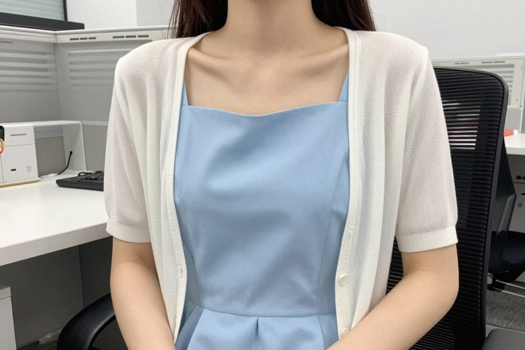 Woman wearing lightweight cardigan over dress as summer office outfit
