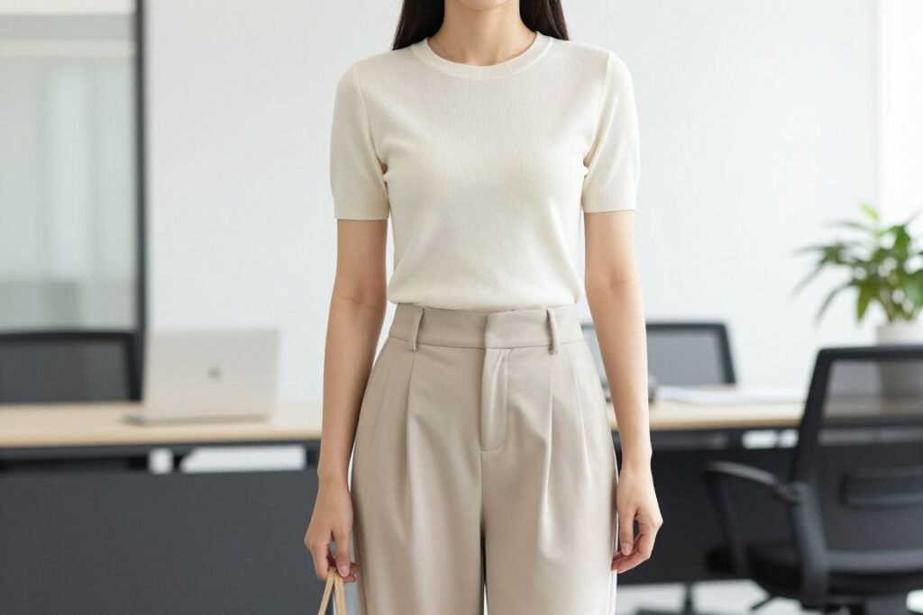 Woman wearing lightweight knit top with flowing wide-leg pants in office