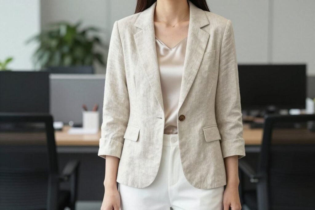 Woman wearing lightweight summer blazer as office outfit