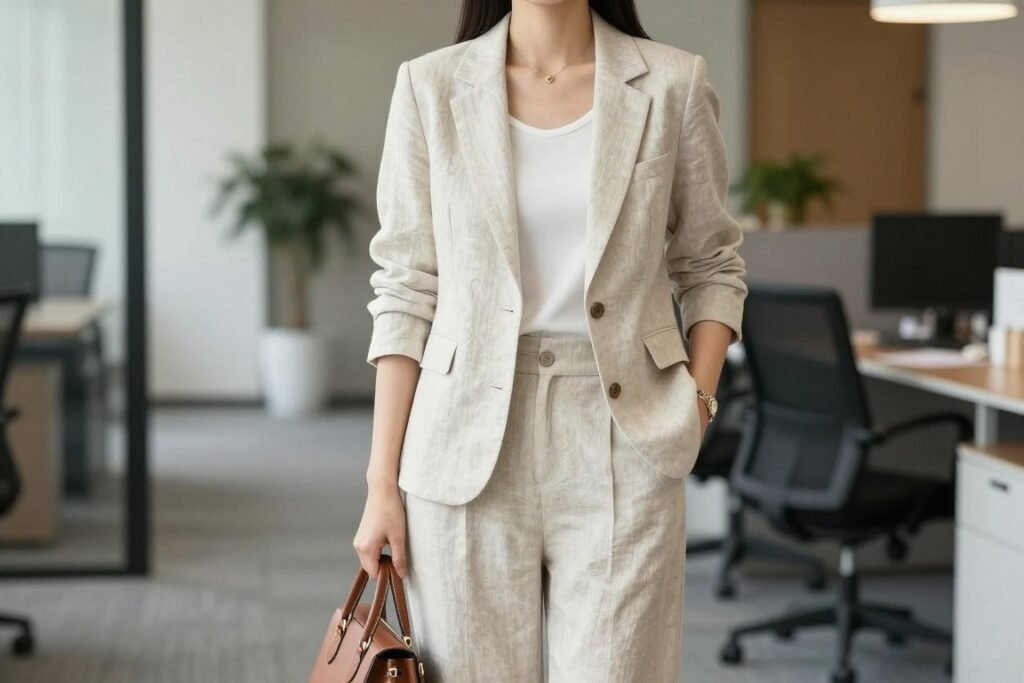 Woman wearing linen blazer and matching trousers for summer office outfit
