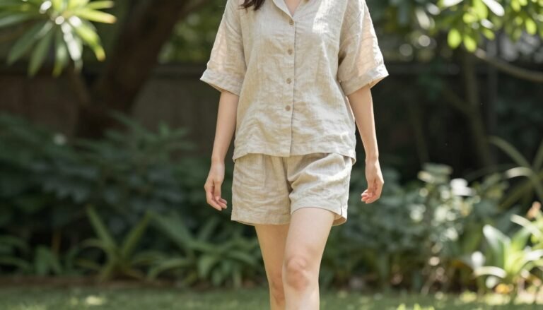 Woman wearing linen outfit in natural setting showing casual summer outfits made with breathable fabrics