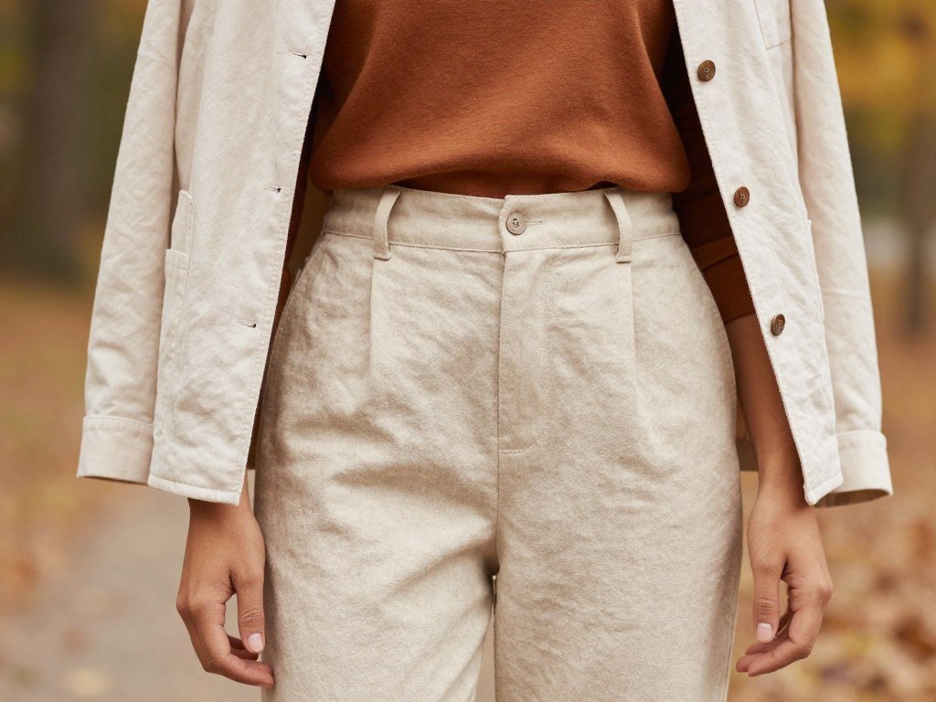 Woman wearing linen pants with layered top and light jacket