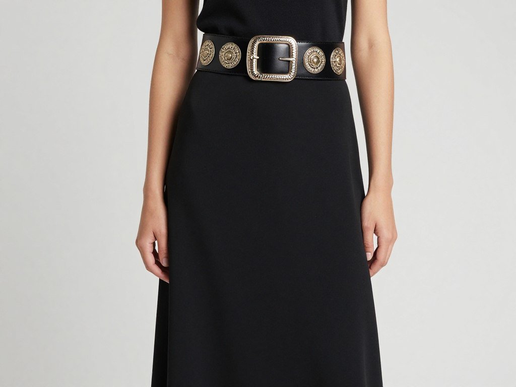 Woman wearing long black skirt outfit with statement belt showing waist definition