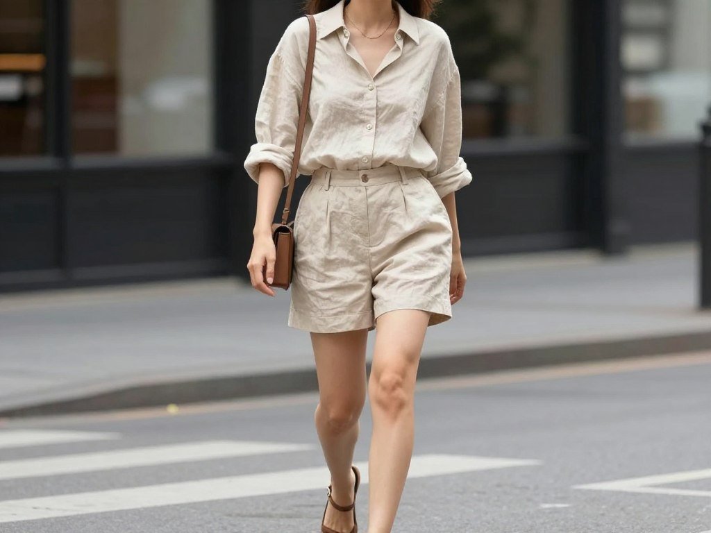 Woman wearing matching beige linen shorts and button-down shirt set with straw accessories