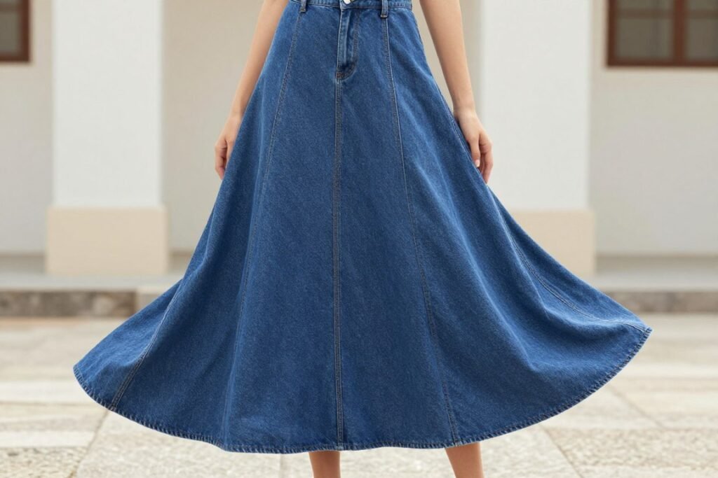 Woman wearing maxi denim skirt that suits tall figures