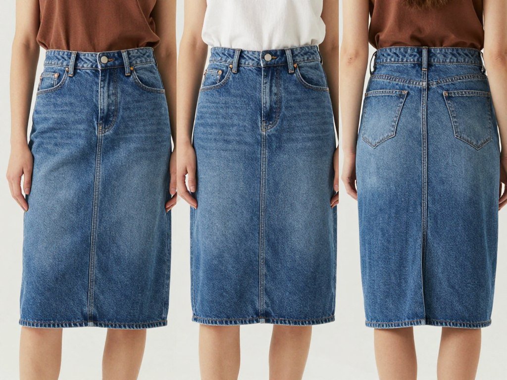 Woman wearing medium wash denim skirt with versatile color combinations