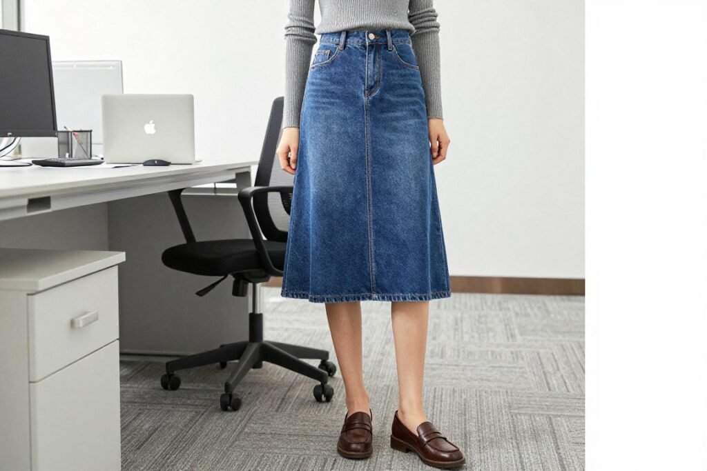 Woman wearing midi denim skirt with a turtleneck sweater and loafers