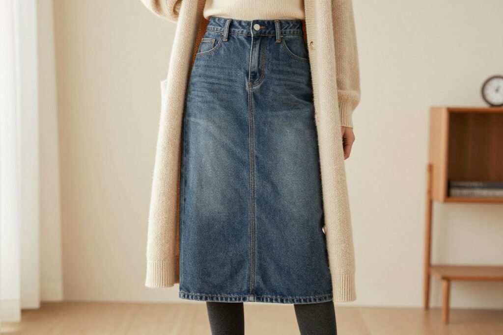 Woman wearing midi jean skirt with long cardigan, sweater and boots