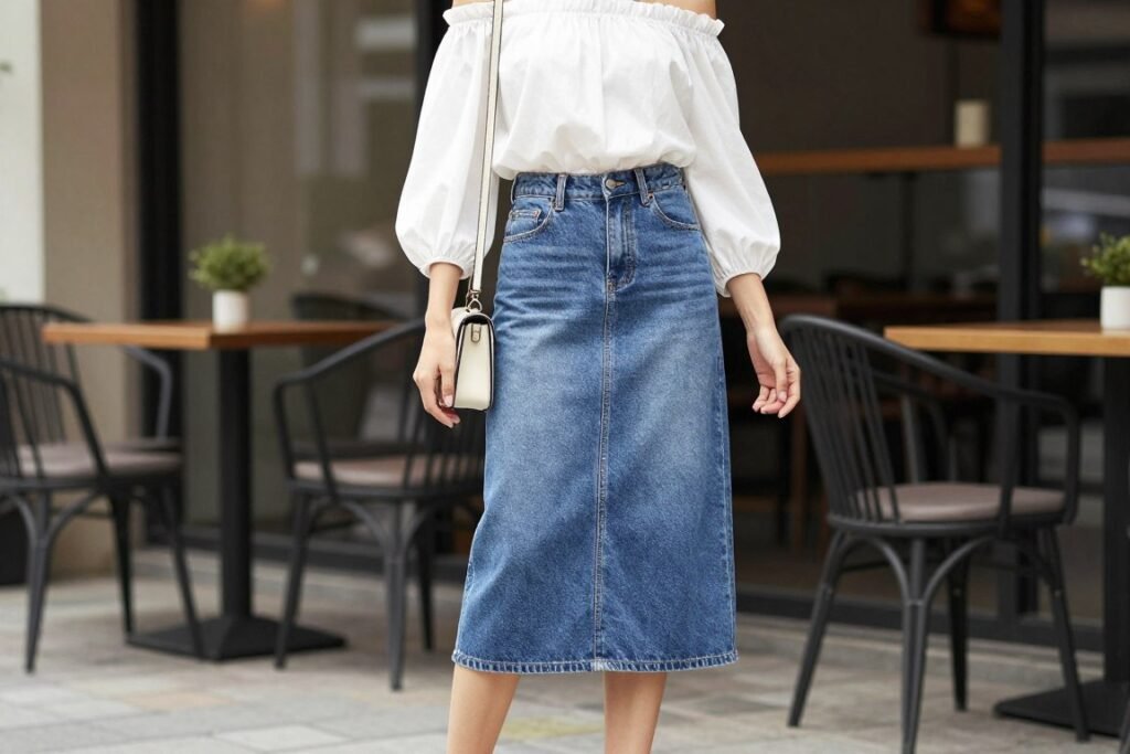 Woman wearing midi jean skirt with off-shoulder top and espadrilles