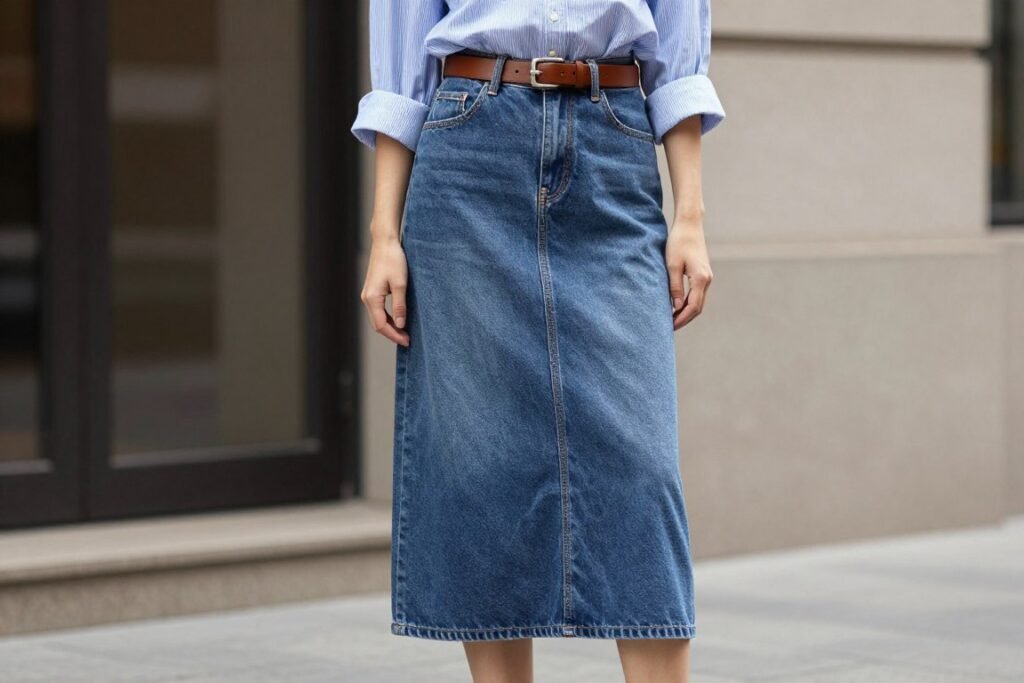 Woman wearing midi jean skirt with striped button-down shirt and loafers