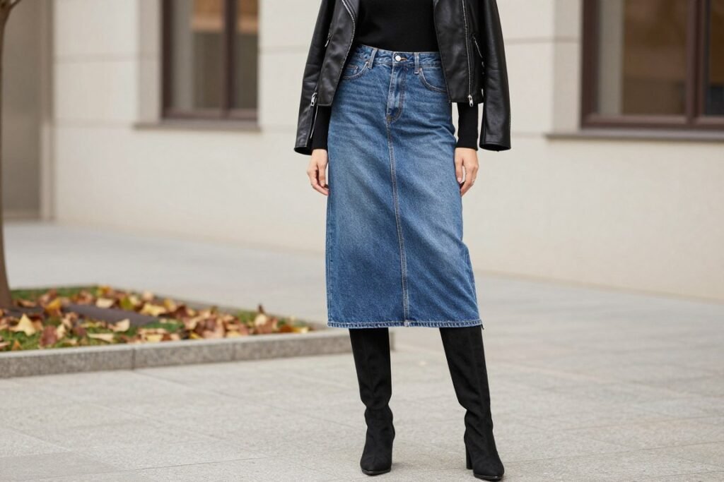 Woman wearing midi jean skirt with turtleneck, leather jacket and boots