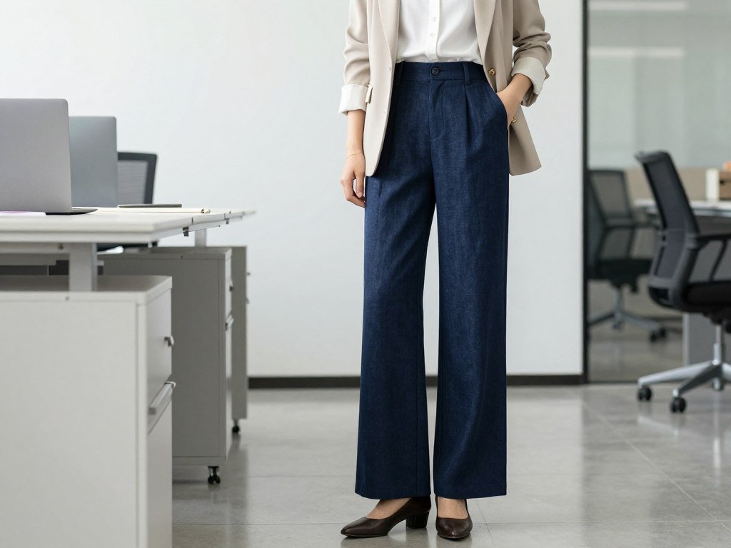 Woman wearing navy wide leg linen pants with a white blouse and blazer in an office setting