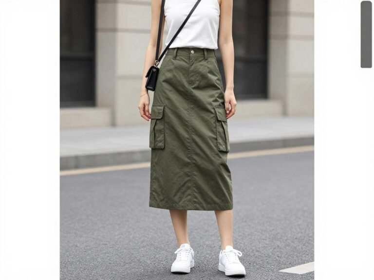 Woman wearing olive green cargo skirt with white tank top and sneakers for casual weekend outfit
