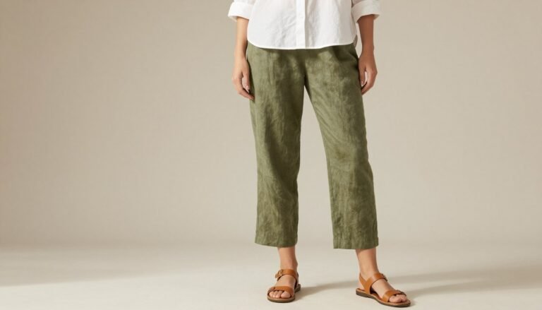 Woman wearing olive green linen pants paired with a white button-down shirt and tan sandals