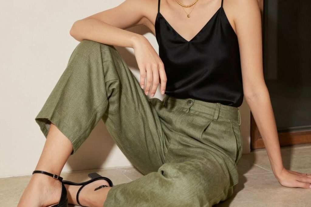 Woman wearing olive green linen pants with a black silk camisole and strappy heels for an evening look